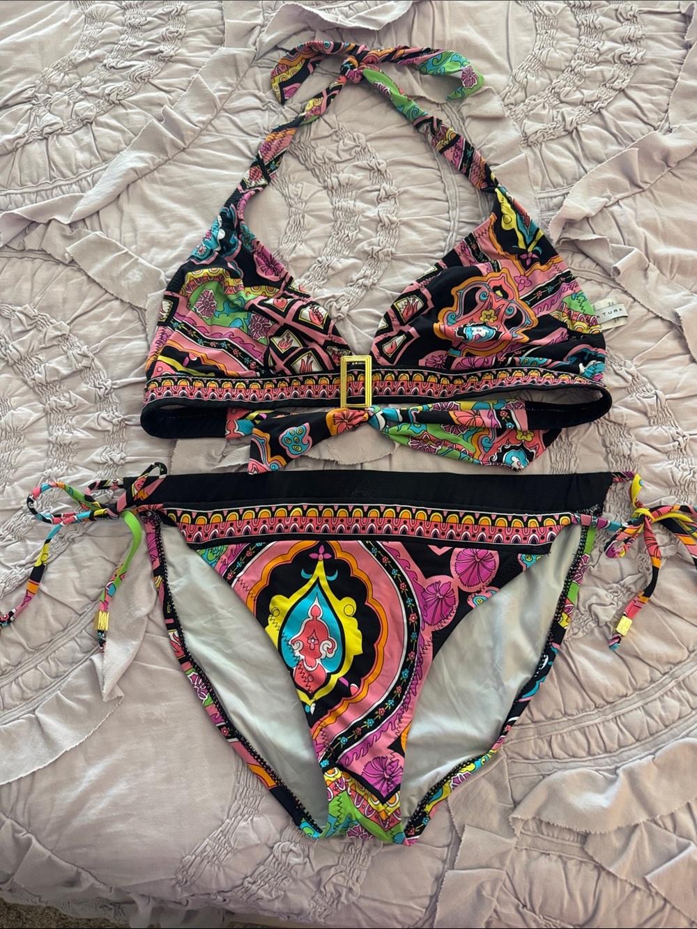 Trina Turk Black Multi-Color Patterned Halter Bikini
